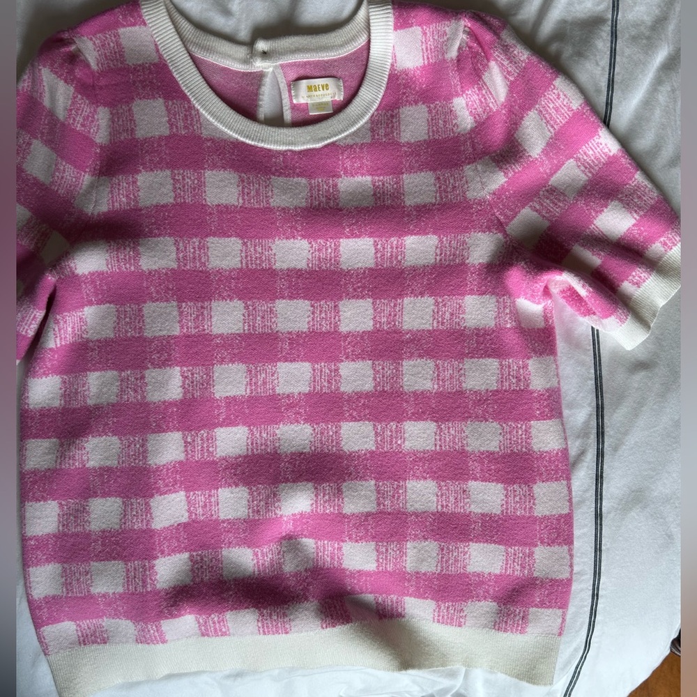 Anthropologie Pink and White Plaid Sweater